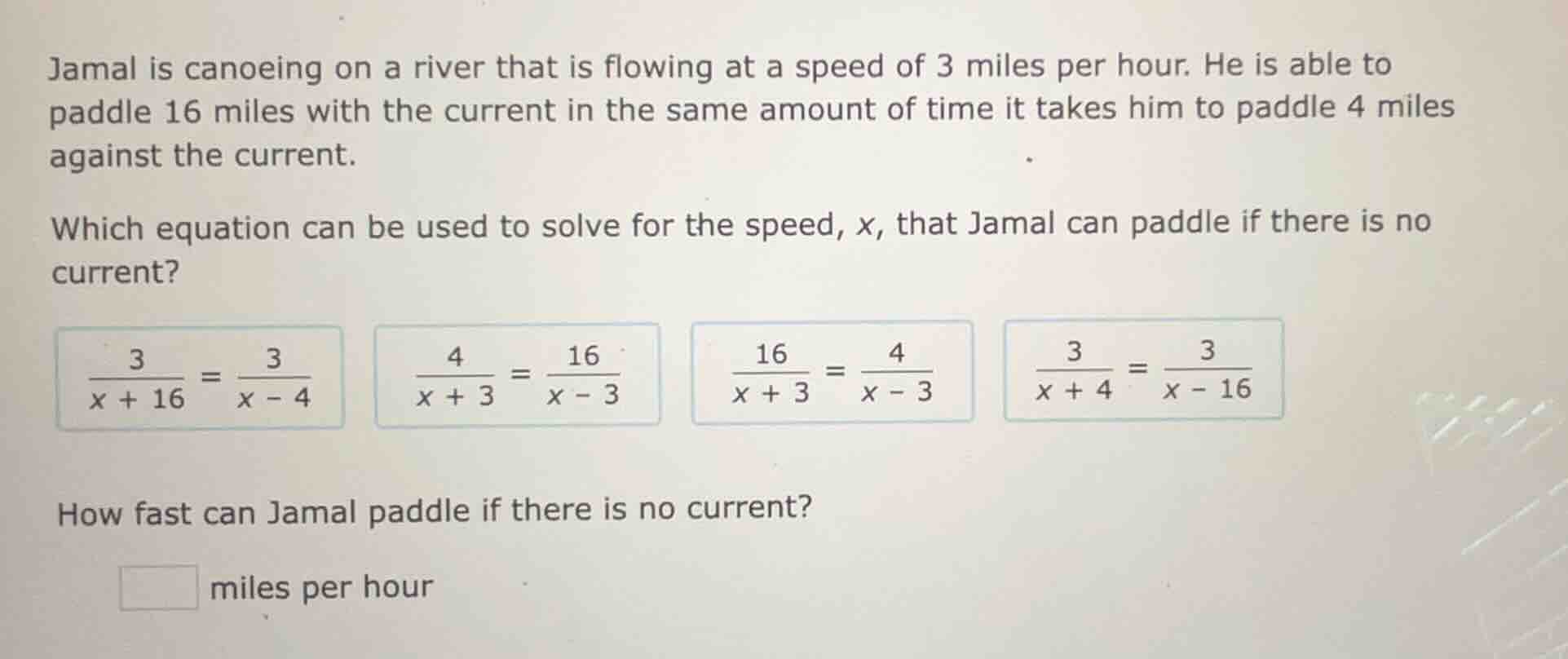 jamal is canoeing on a river that is flowing at a speed of 3 miles per …