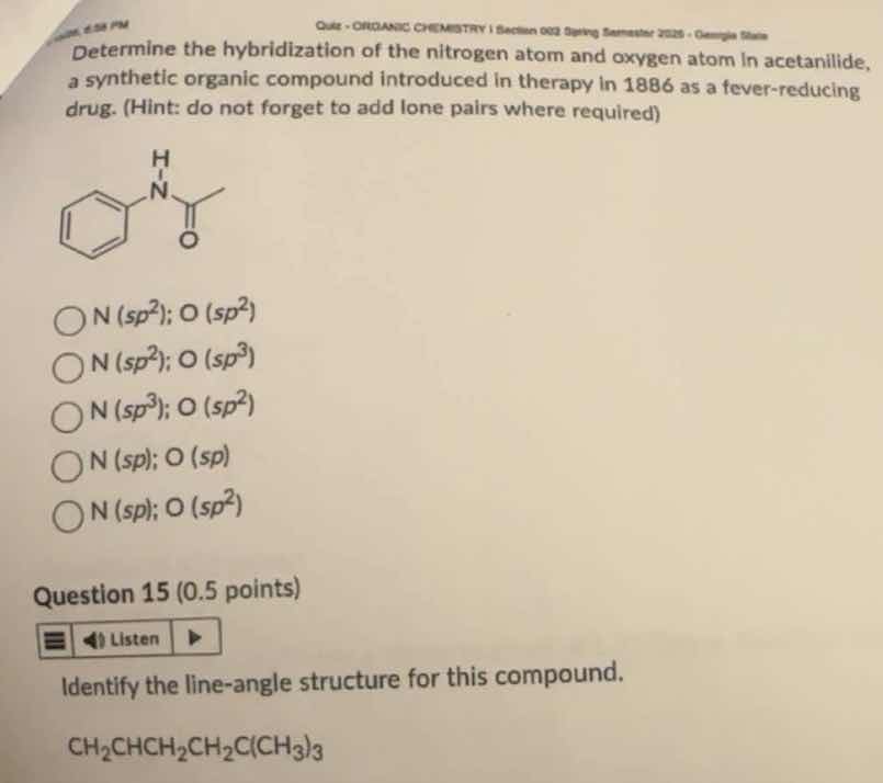 determine the hybridization of the nitrogen atom and oxygen atom in ace…