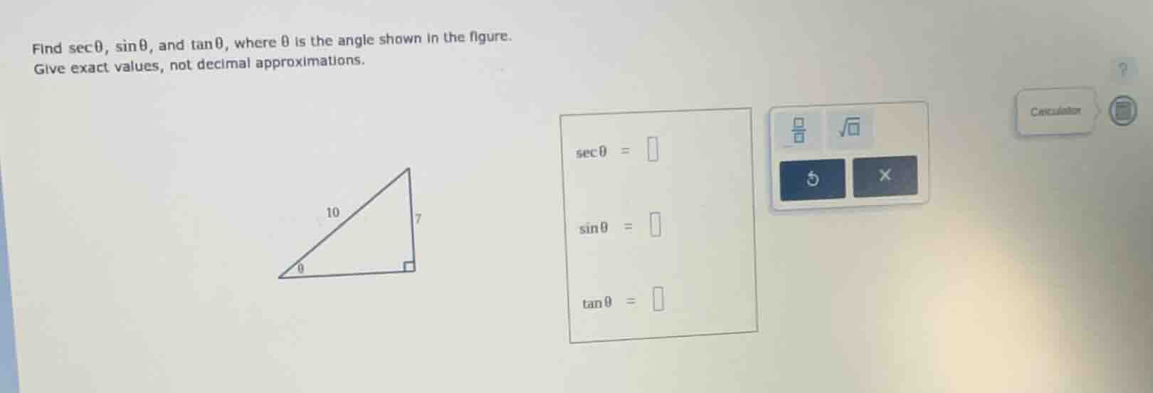find \\( \\sec \\theta \\), \\( \\sin \\theta \\), and \\( \\tan \\thet…