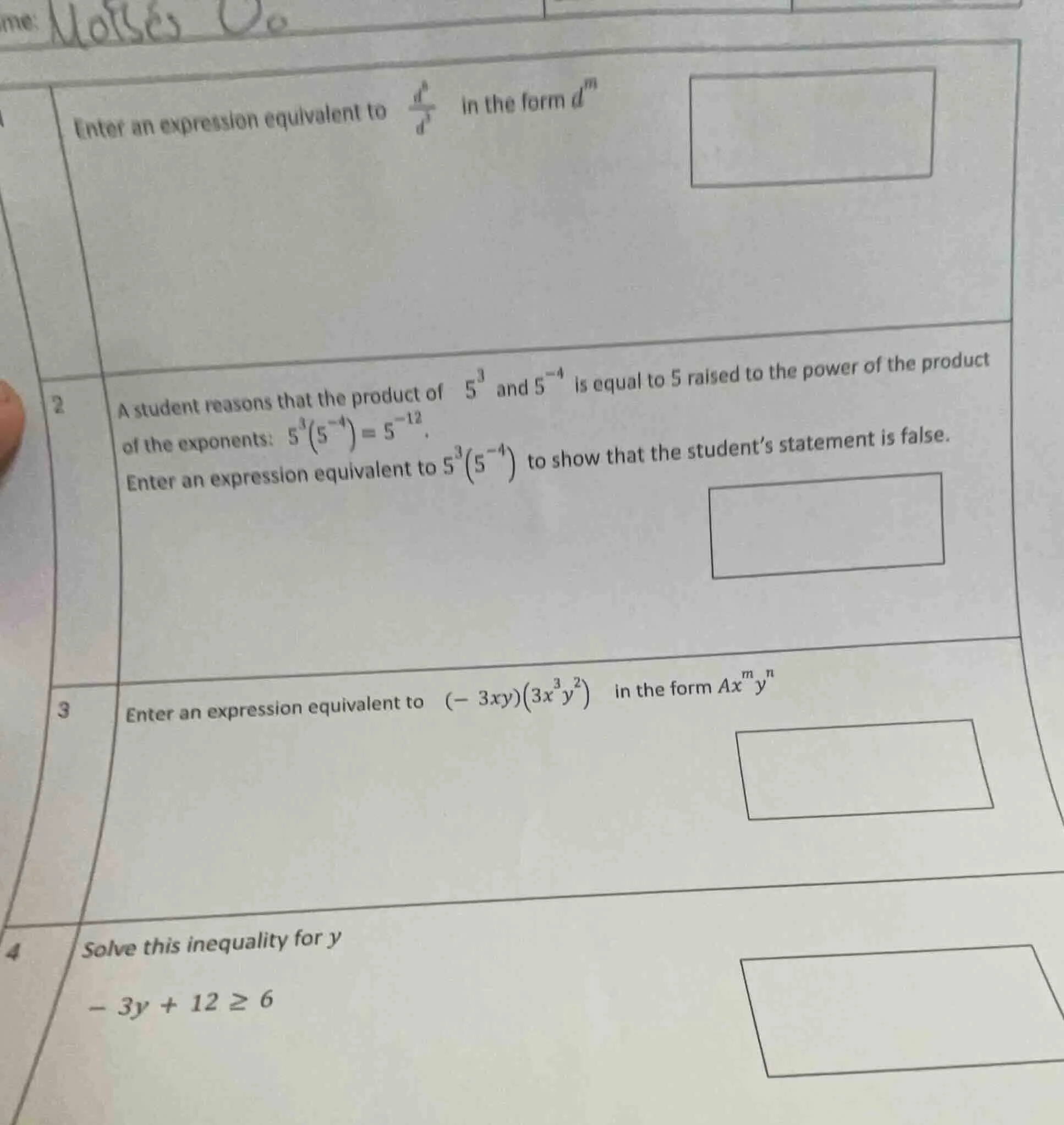 1. enter an expression equivalent to \\(\\frac{d^8}{d^5}\\) in the form…