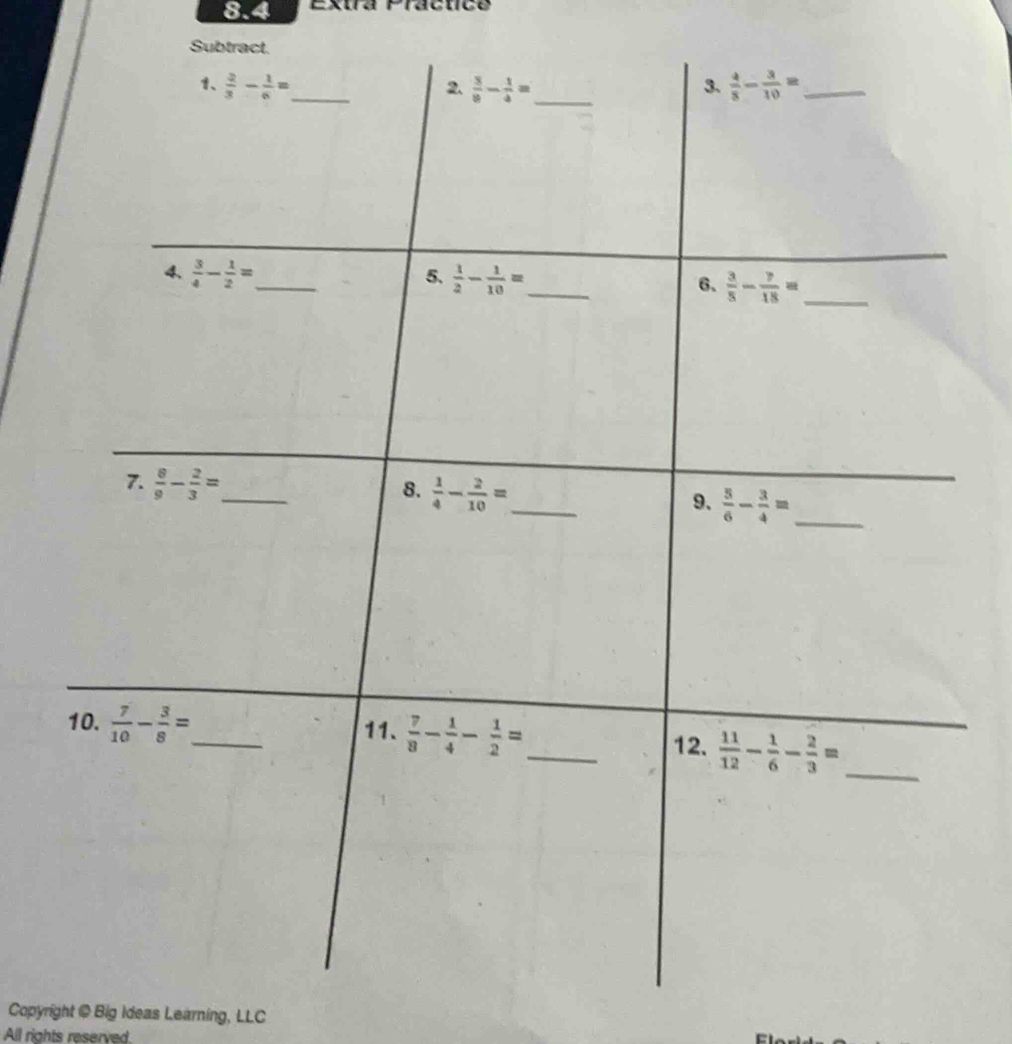 8.4 extra practice subtract. 1. $\frac{2}{3} - \frac{1}{6} = $ 2. $\fra…