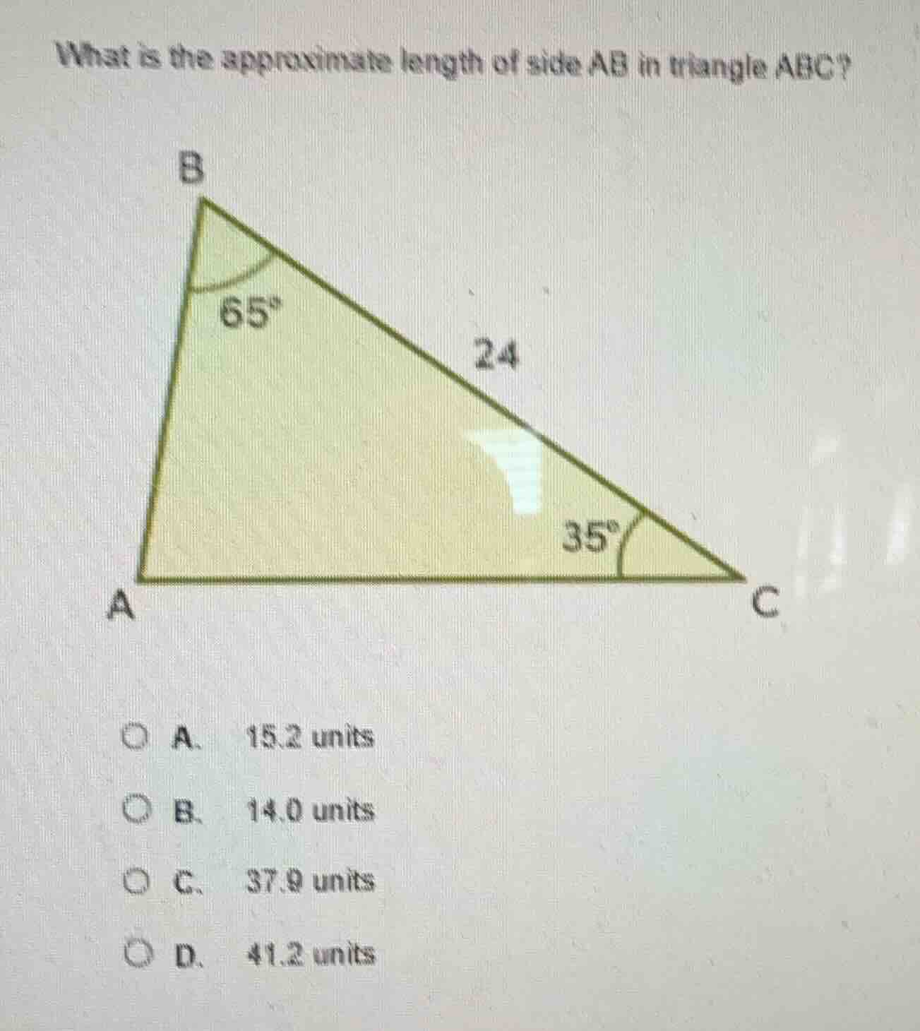 what is the approximate length of side ab in triangle abc? a. 15.2 unit…