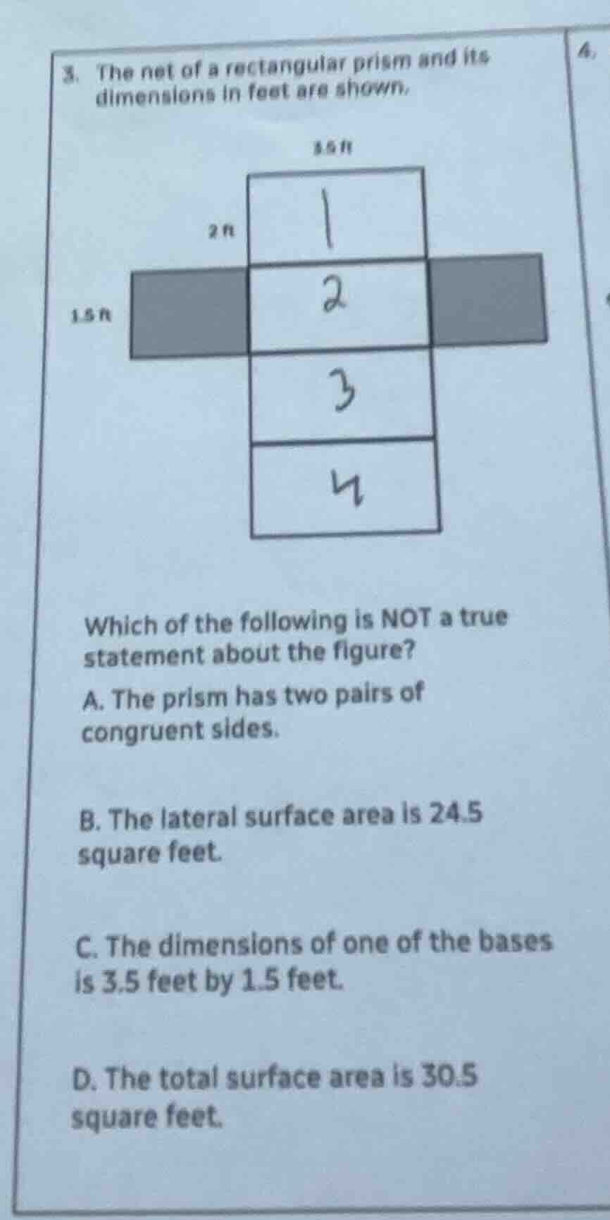 3. the net of a rectangular prism and its dimensions in feet are shown.…
