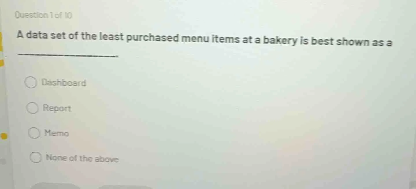 question 1 of 10 a data set of the least purchased menu items at a bake…