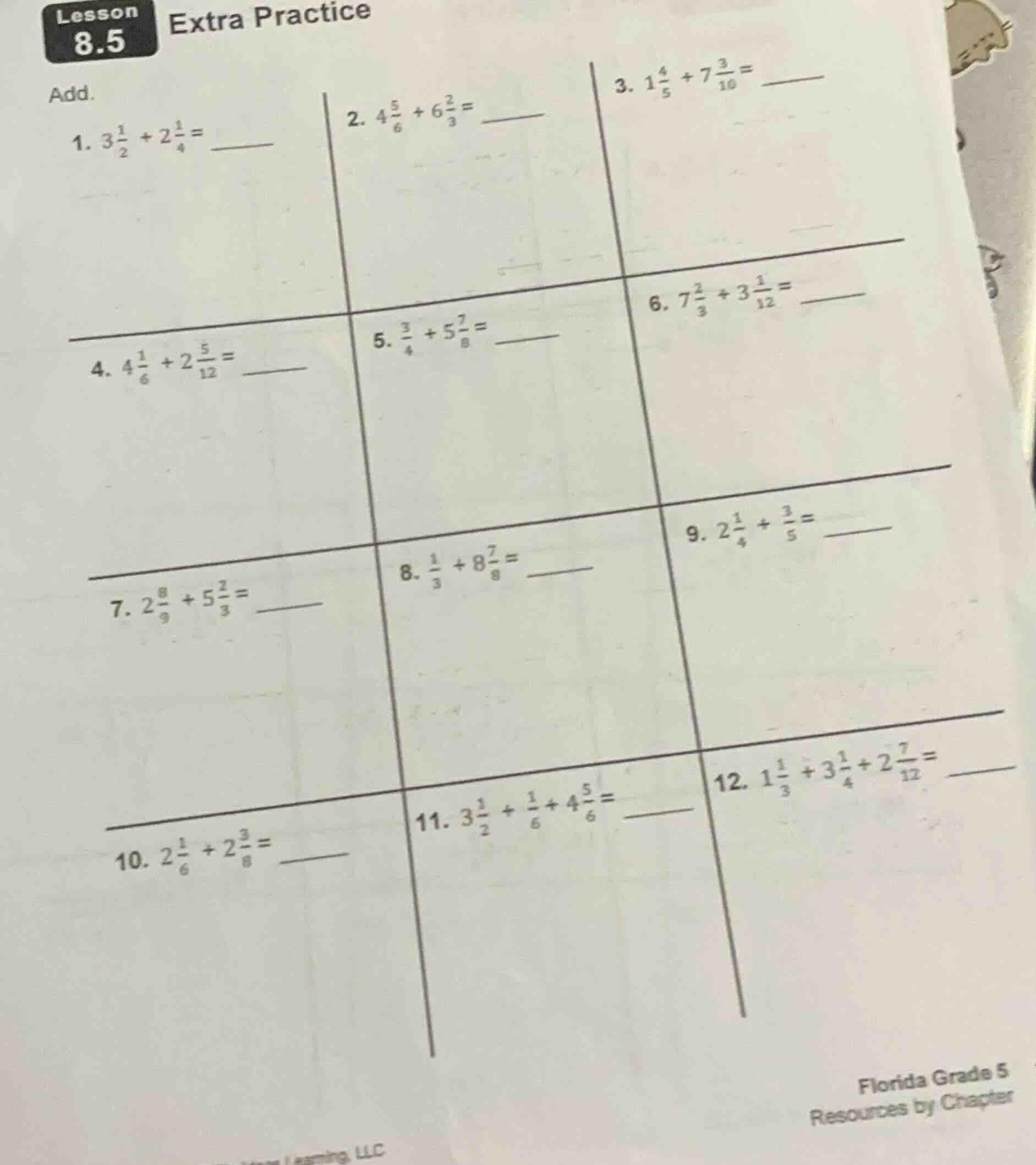 lesson 8.5 extra practice add. 1. $3\\frac{1}{2} + 2\\frac{1}{4} = \\un…