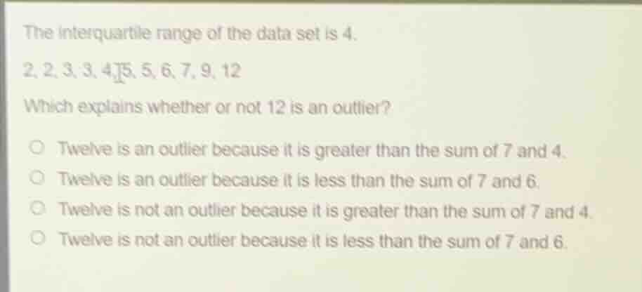 the interquartile range of the data set is 4. 2, 2, 3, 3, 4, 5, 5, 6, 7…