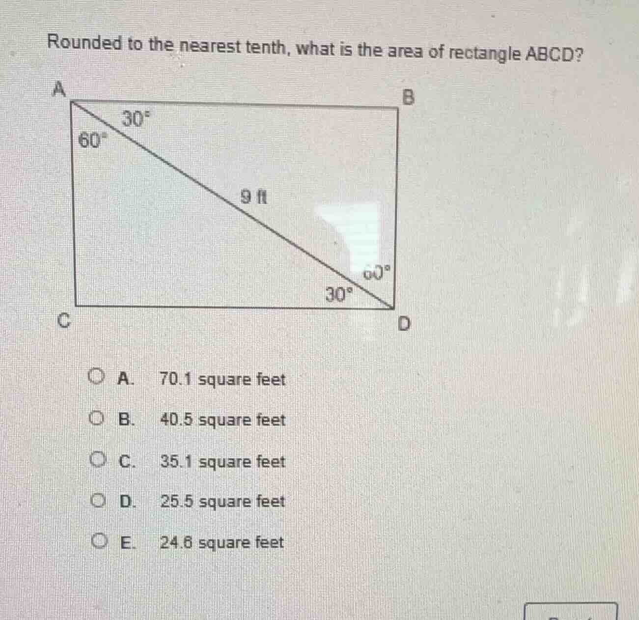 rounded to the nearest tenth, what is the area of rectangle abcd? image…
