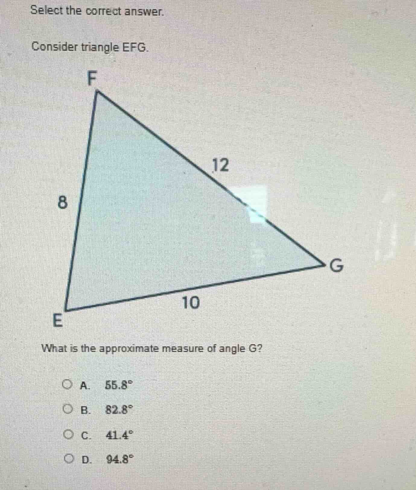 select the correct answer. consider triangle efg. what is the approxima…