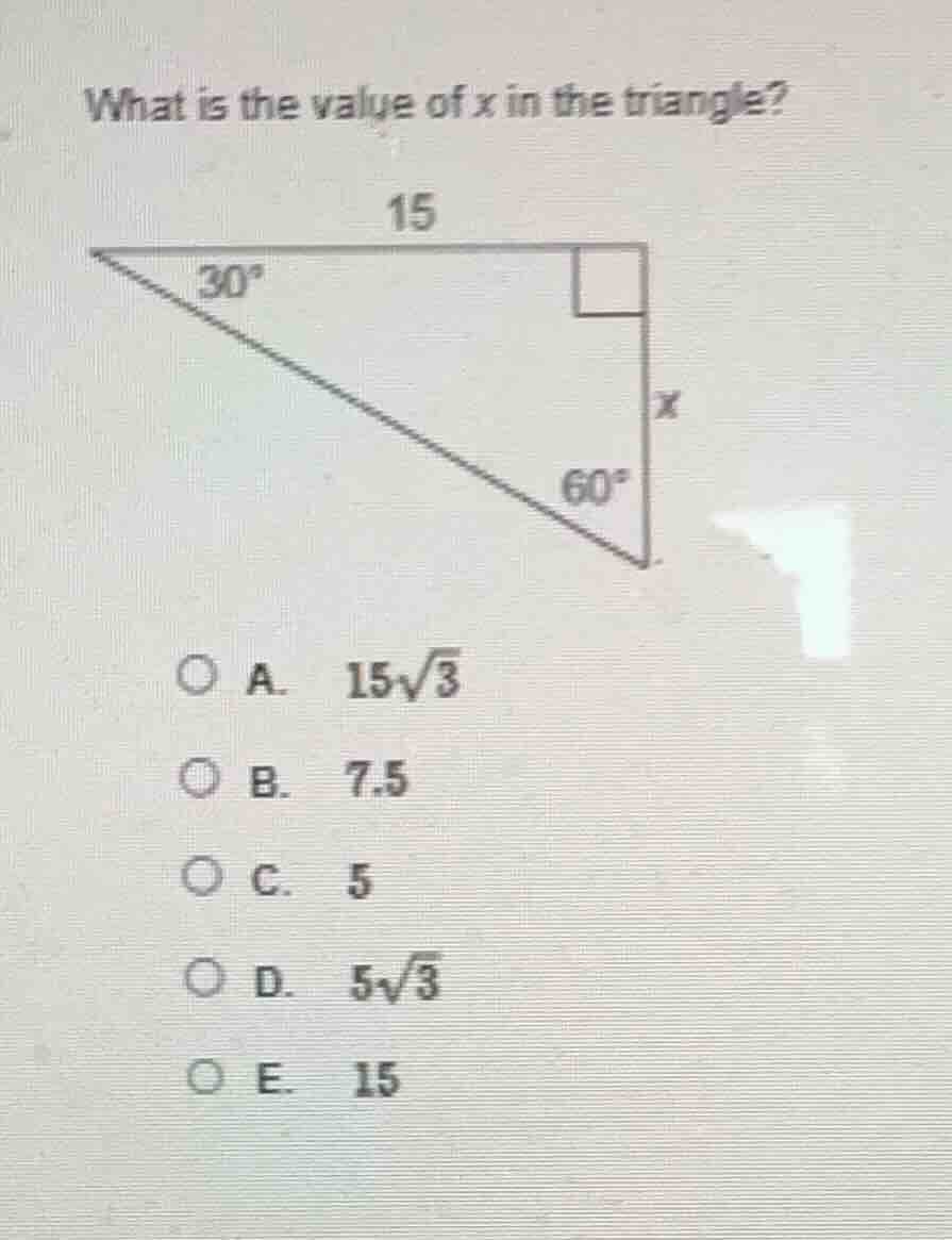 what is the value of x in the triangle? triangle with right angle, 30°,…