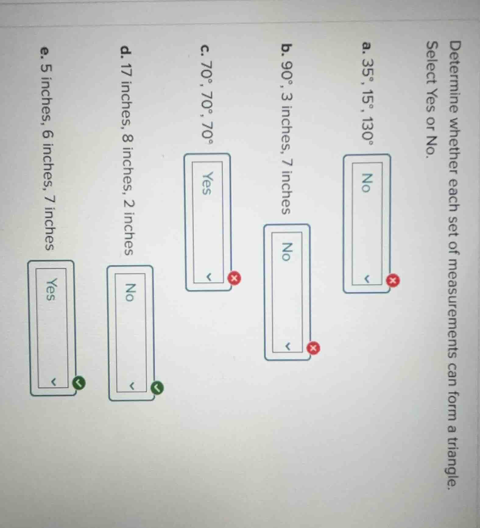 determine whether each set of measurements can form a triangle. select …