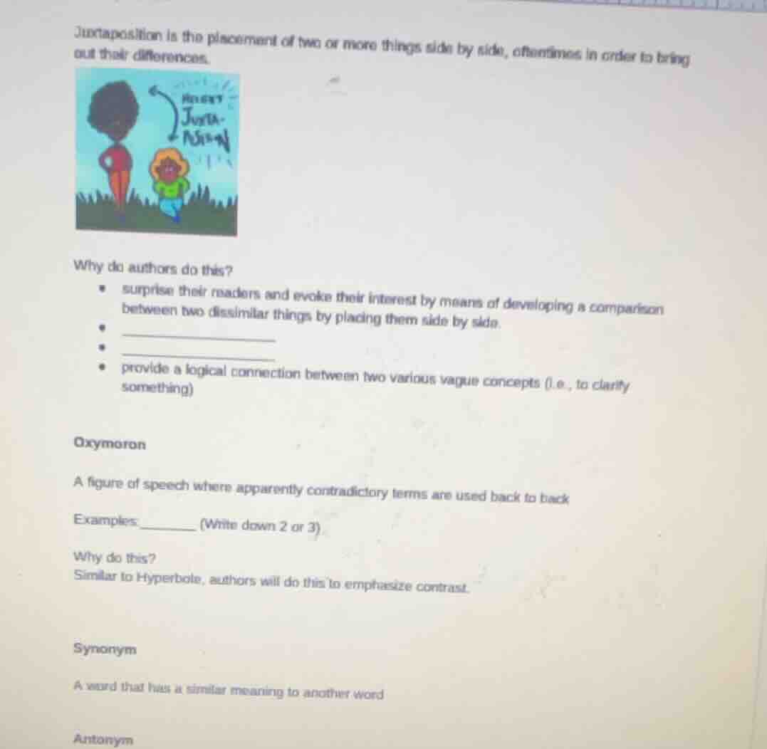 juxtaposition is the placement of two or more things side by side, ofte…