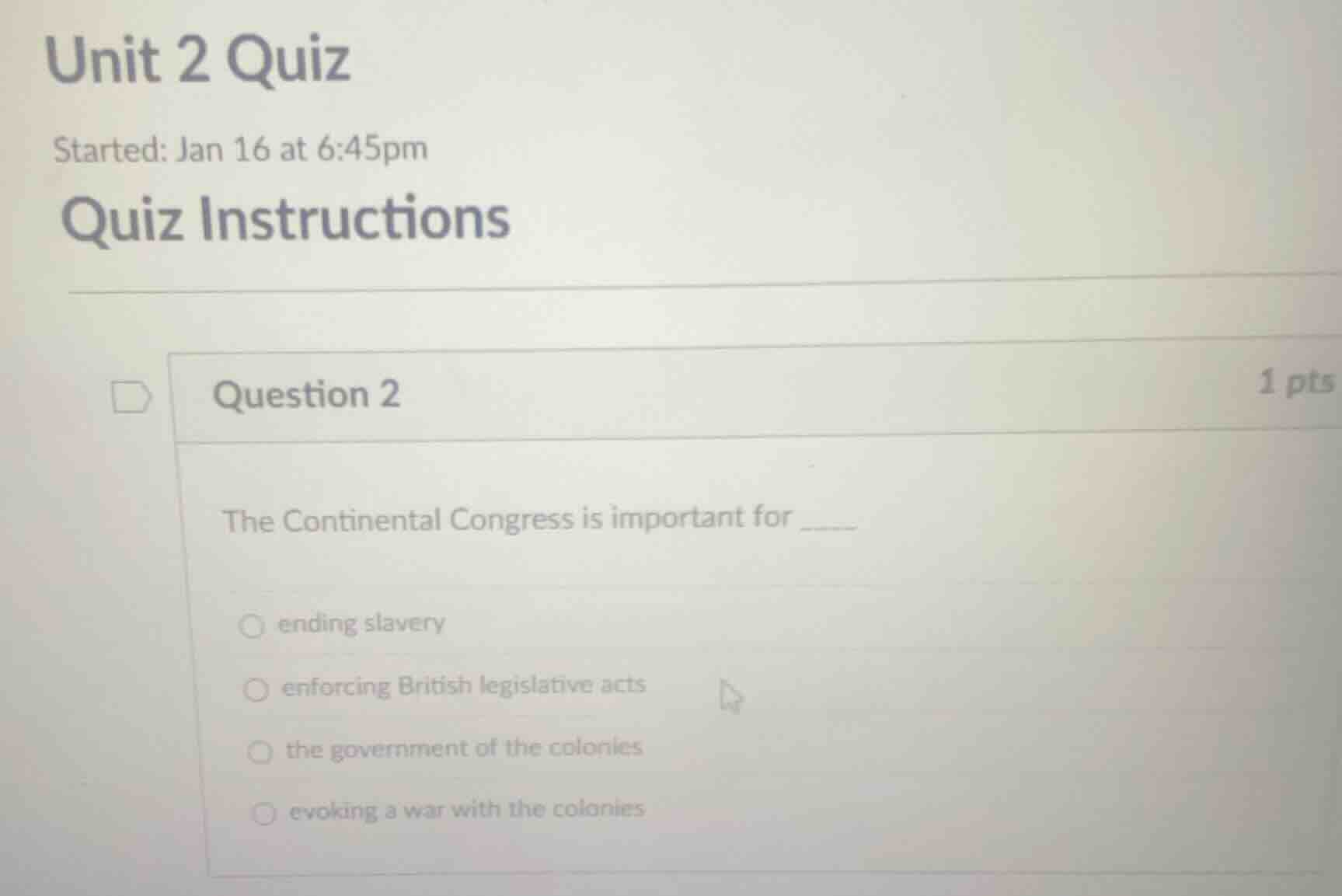 unit 2 quiz started: jan 16 at 6:45pm quiz instructions question 2 1 pt…