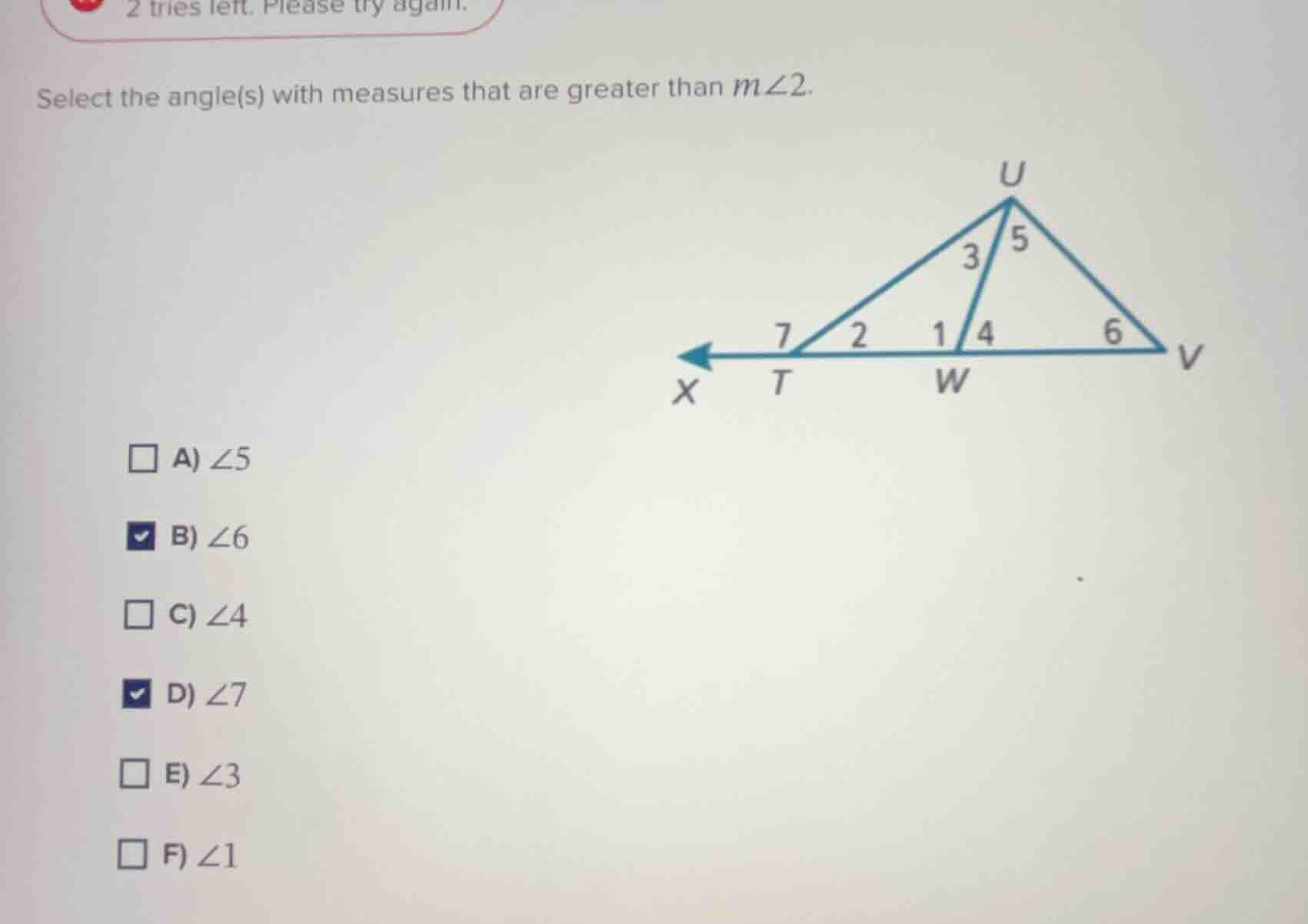 2 tries left. please try again. select the angle(s) with measures that …