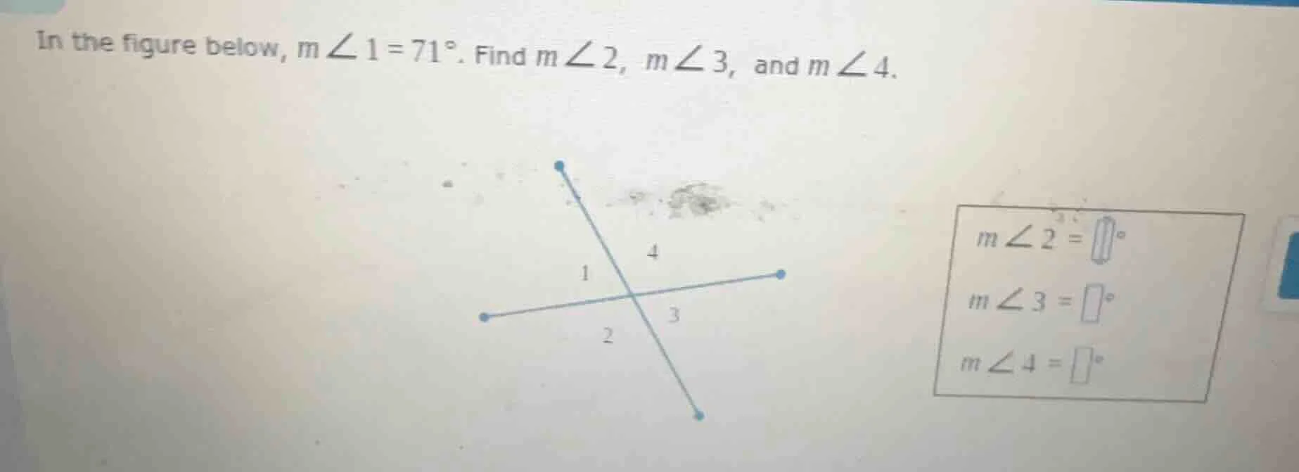 in the figure below, $m\\angle 1 = 71^{\\circ}$. find $m\\angle 2$, $m\…