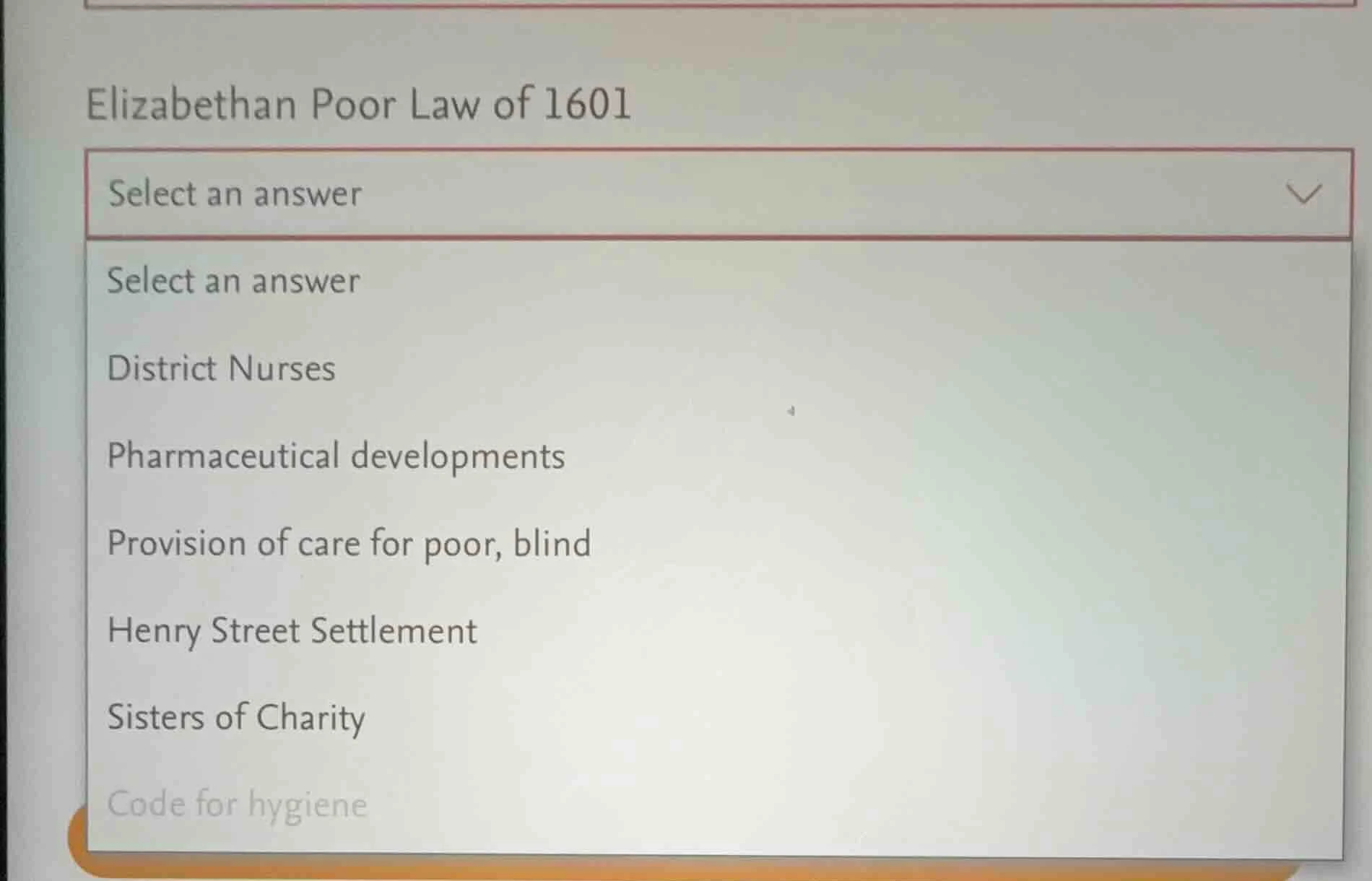 elizabethan poor law of 1601 select an answer select an answer district…