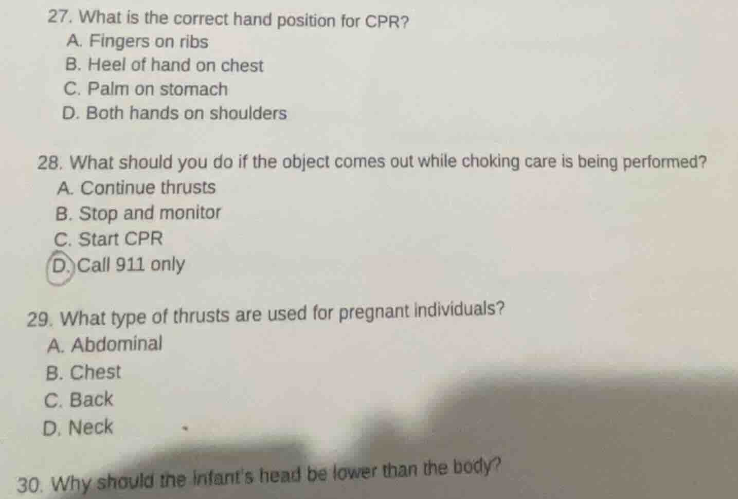 27. what is the correct hand position for cpr? a. fingers on ribs b. he…