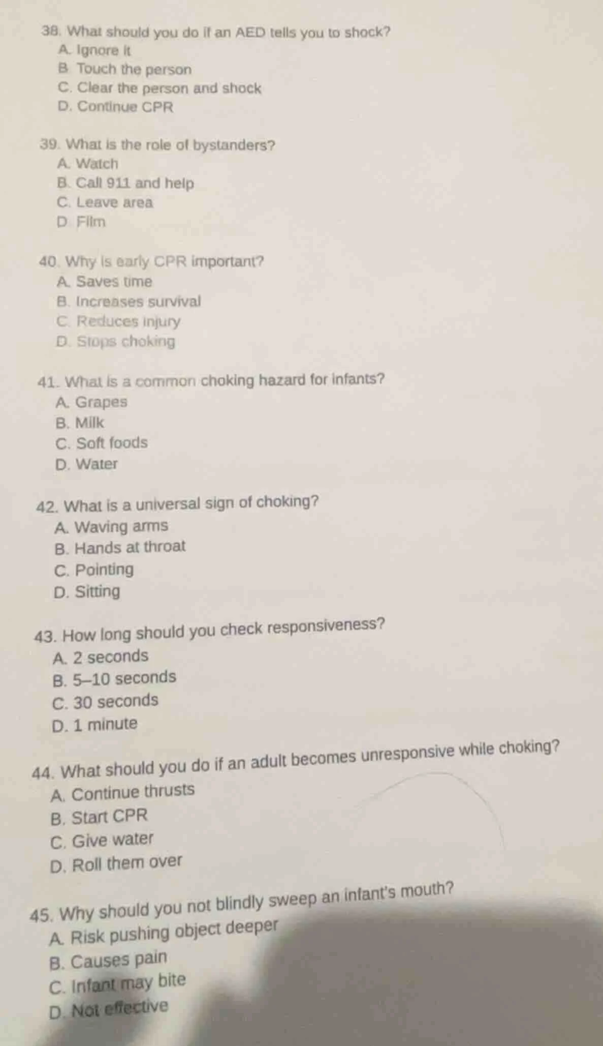 38. what should you do if an aed tells you to shock? a. ignore it b. to…