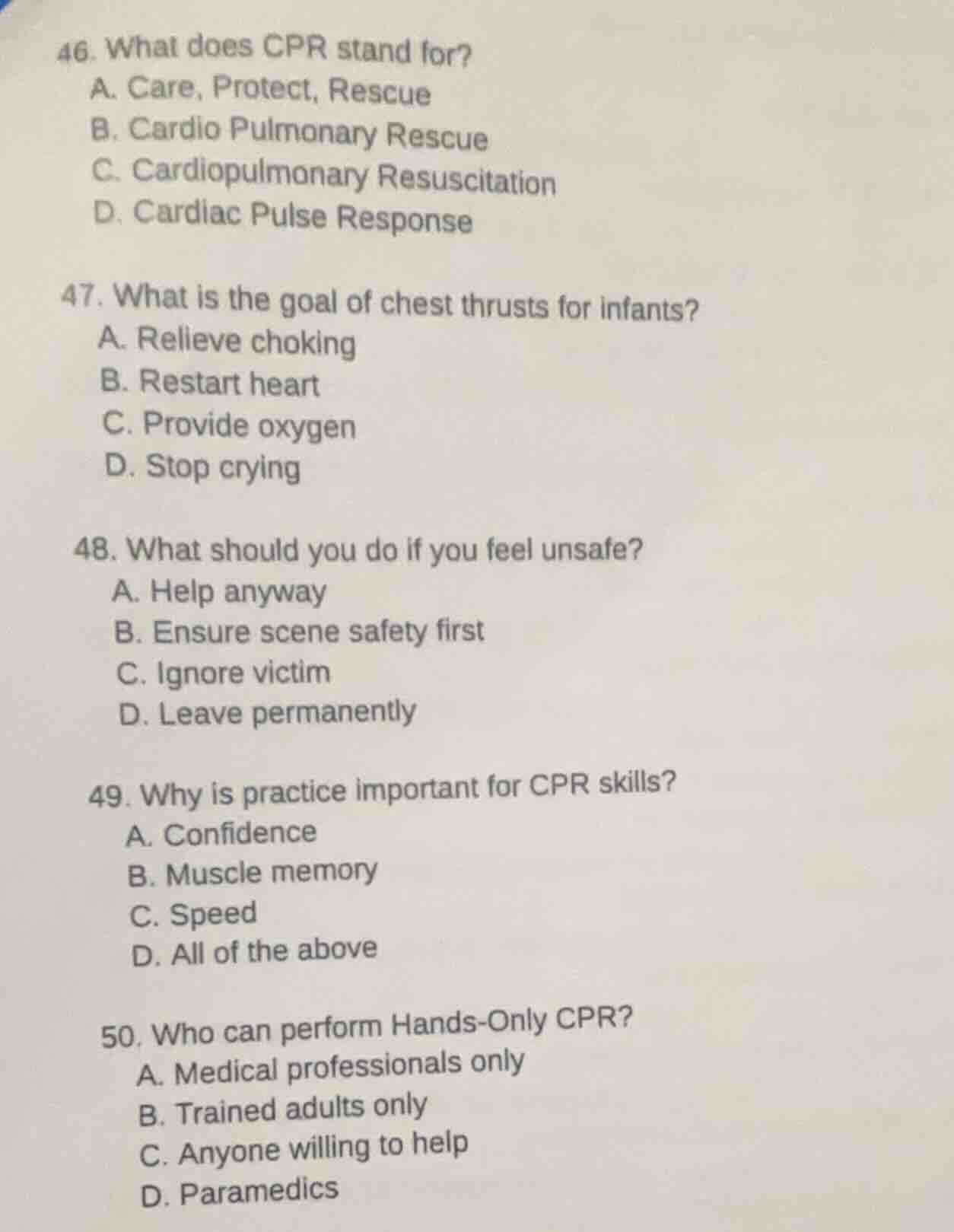 46. what does cpr stand for? a. care, protect, rescue b. cardio pulmona…