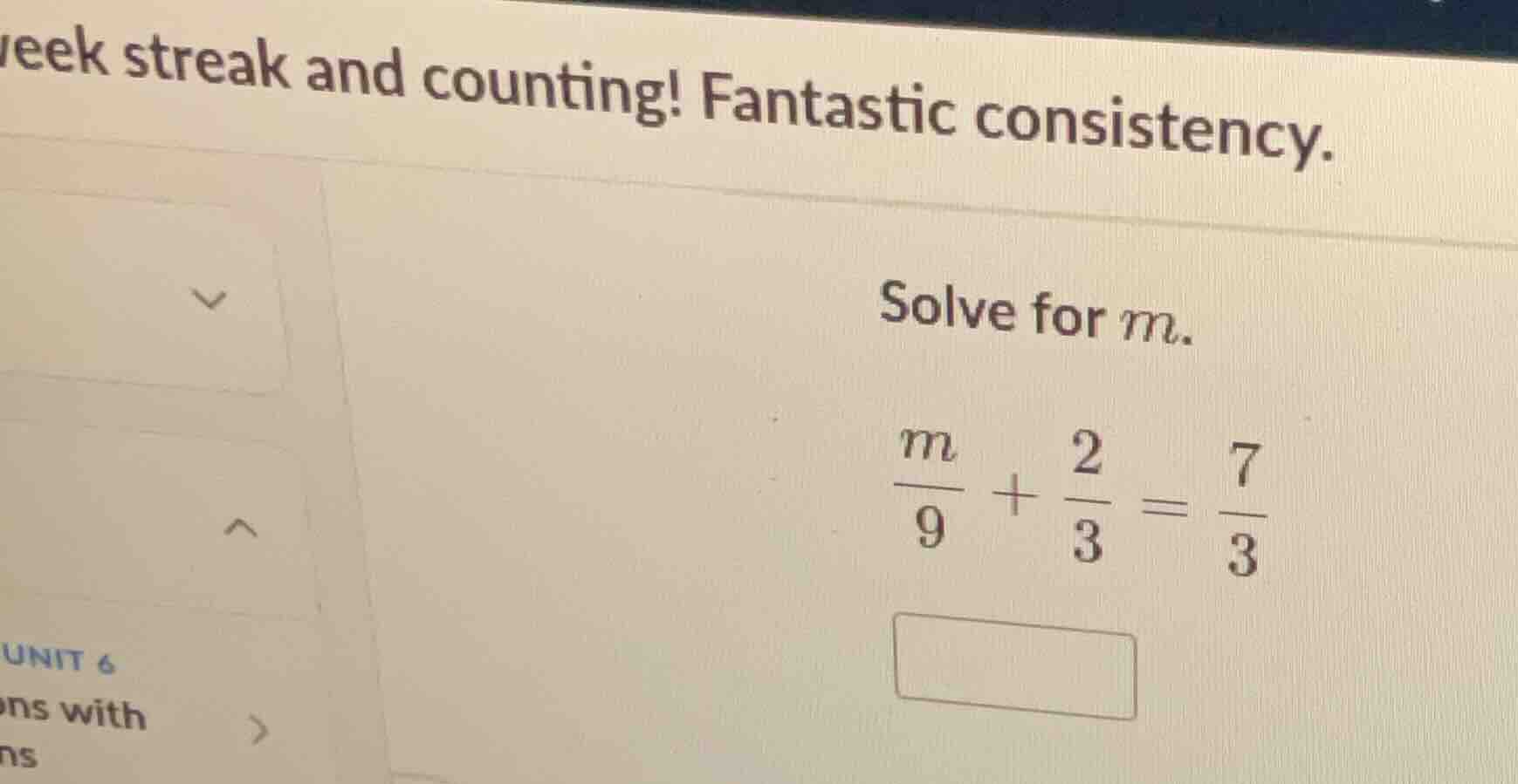 week streak and counting! fantastic consistency. solve for m. \\(\\frac…