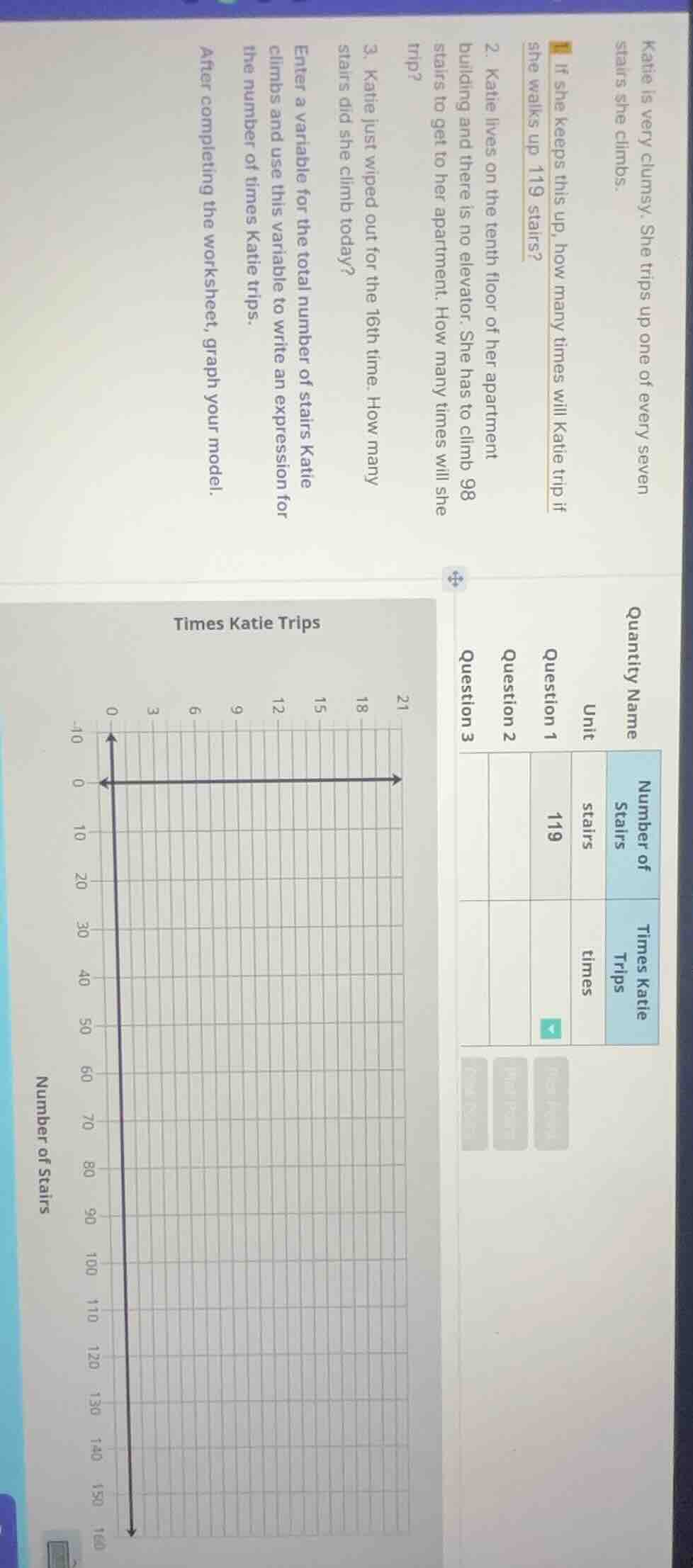 katie is very clumsy. she trips up one of every seven stairs she climbs…