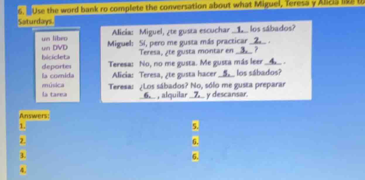 6. use the word bank to complete the conversation about what miguel, te…