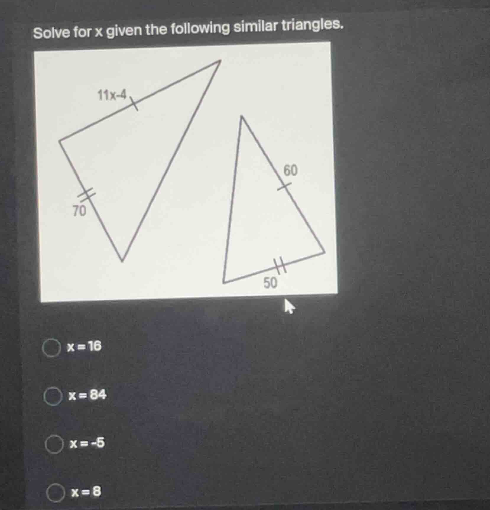 solve for x given the following similar triangles. image of two similar…