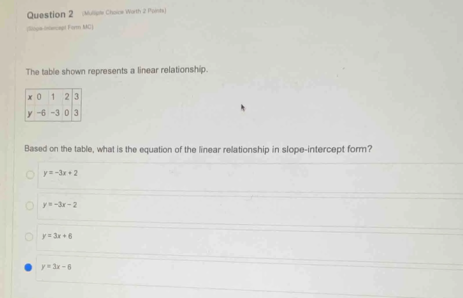 question 2 (multiple choice worth 2 points) (slope-intercept form mc) t…