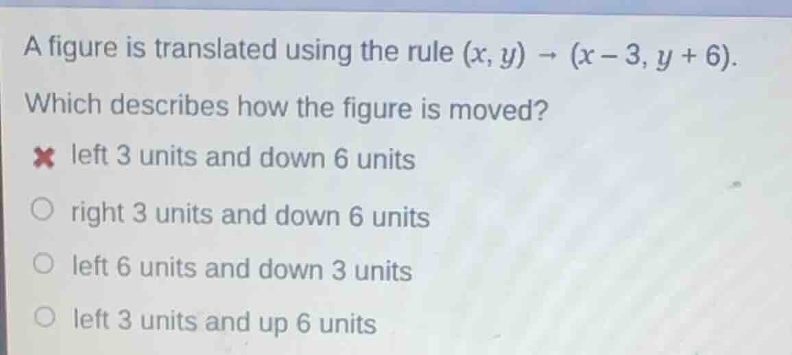 a figure is translated using the rule (x, y) → (x − 3, y + 6). which de…