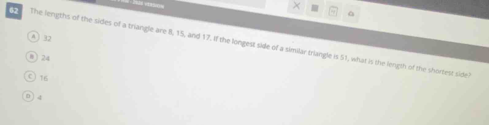 62 the lengths of the sides of a triangle are 8, 15, and 17. if the lon…