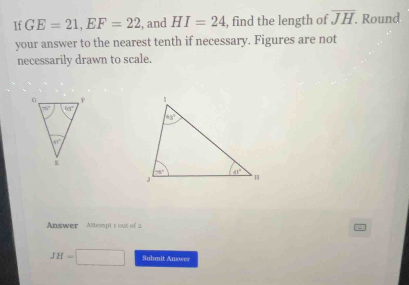 if $ge = 21$, $ef = 22$, and $hi = 24$, find the length of $overline{jh…