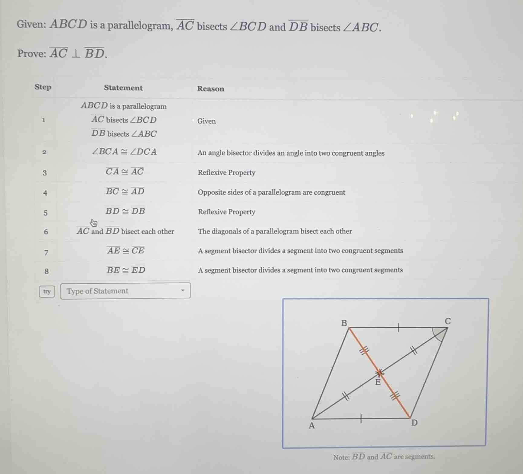 given: abcd is a parallelogram, \\(\\overline{ac}\\) bisects \\(\\angle…