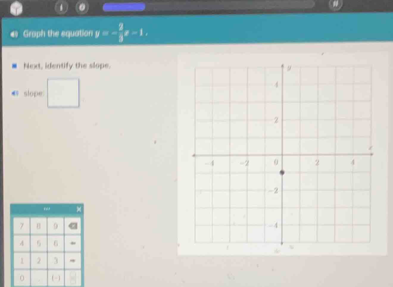 graph the equation $y = -\frac{2}{3}x - 1$. next, identify the slope. s…