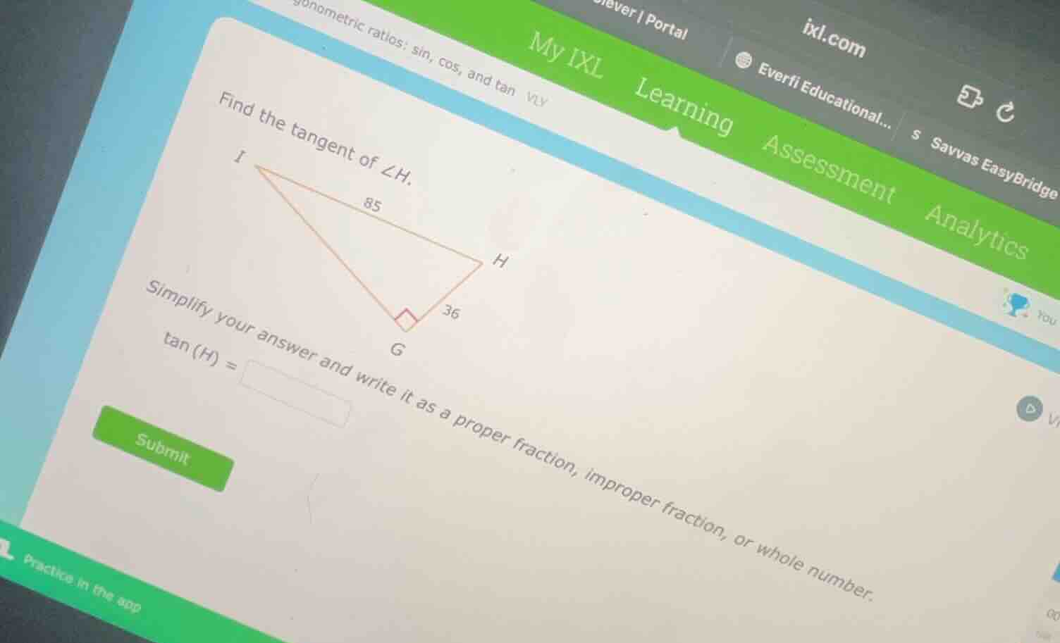 find the tangent of ∠h. simplify your answer and write it as a proper f…