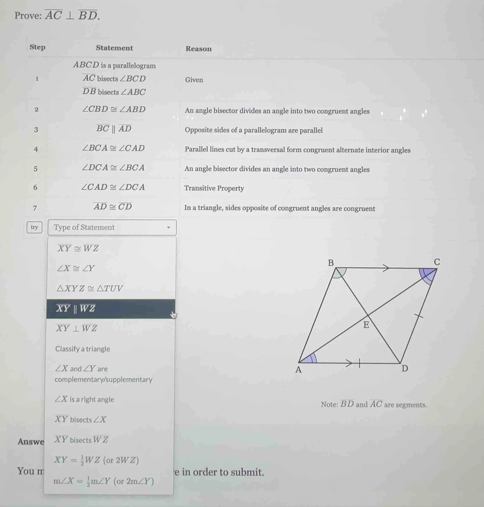 prove: \\(\\overline{ac} \\perp \\overline{bd}\\). step\tstatement\trea…