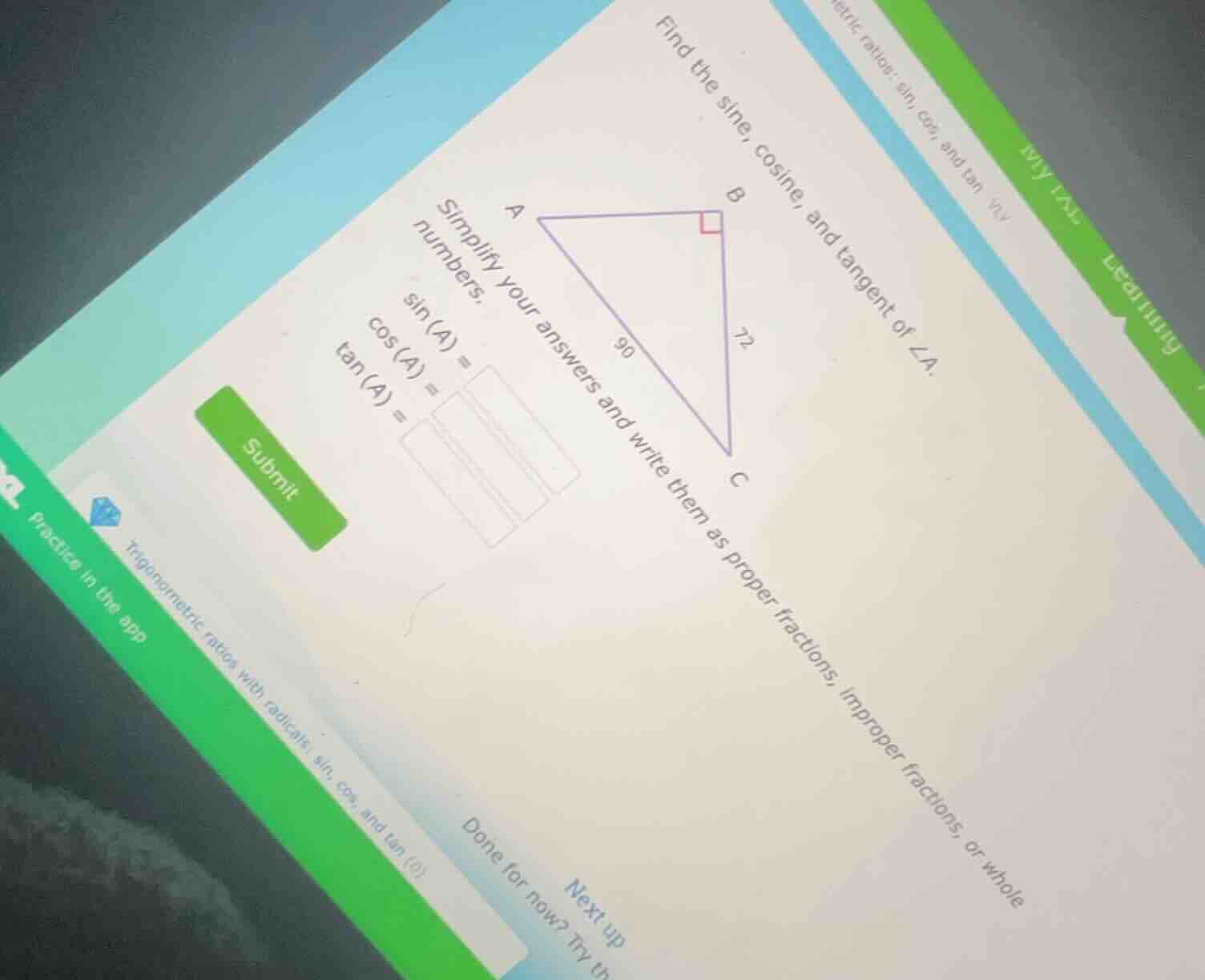 find the sine, cosine, and tangent of ∠a. a right triangle abc with rig…