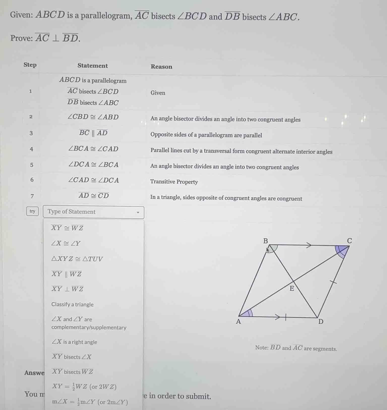 given: abcd is a parallelogram, \\(\\overline{ac}\\) bisects \\(\\angle…