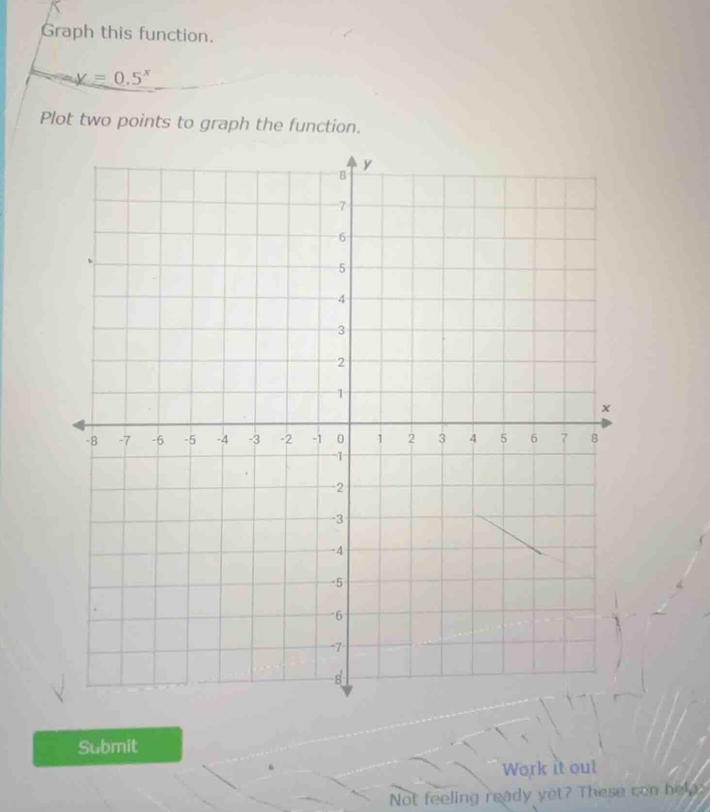graph this function. $y = 0.5^x$ plot two points to graph the function.