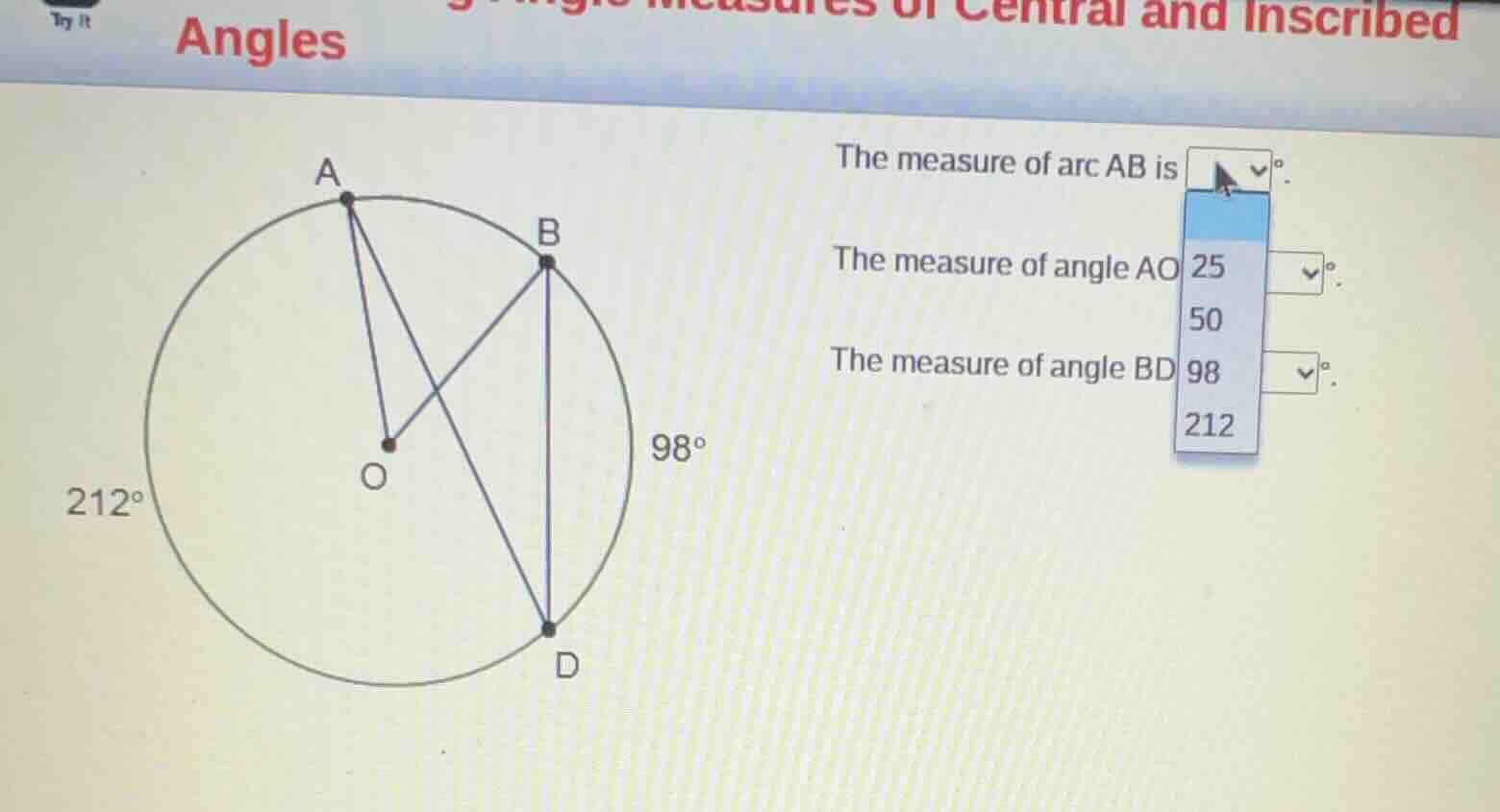 angles central and inscribed angles try it the measure of arc ab is °. …