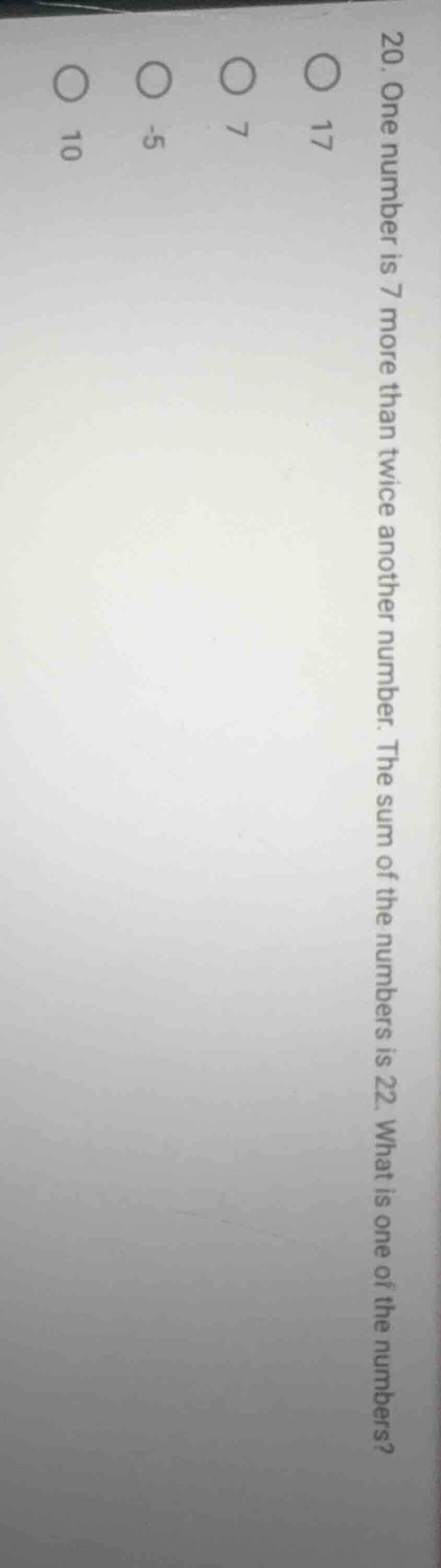 20. one number is 7 more than twice another number. the sum of the numb…