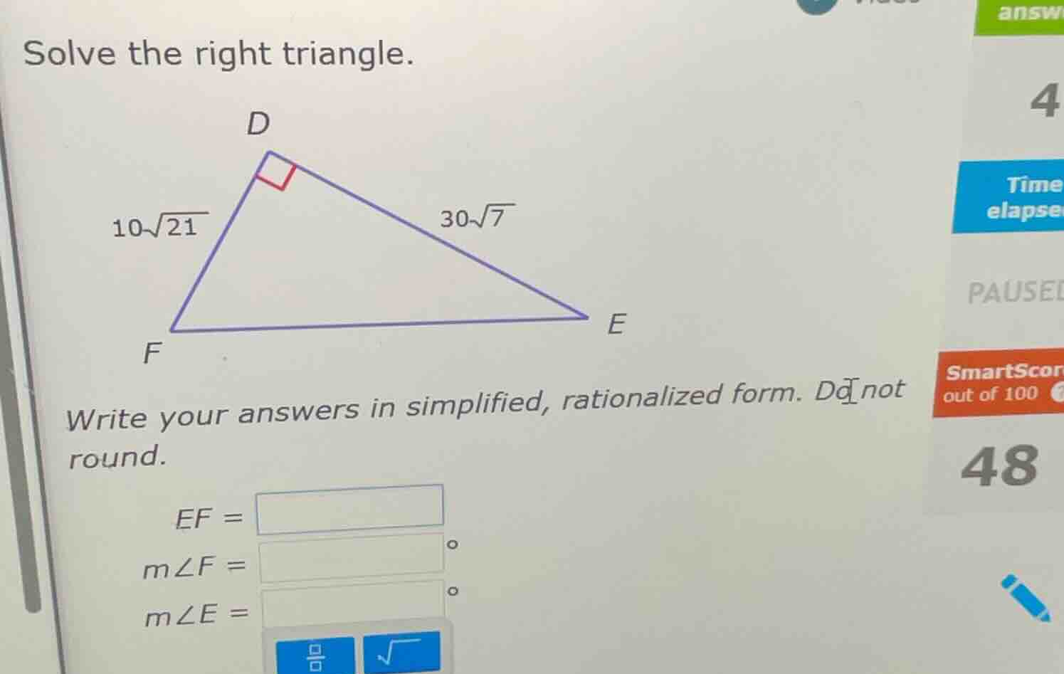 solve the right triangle. triangle with right angle at d, df = 10√21, d…