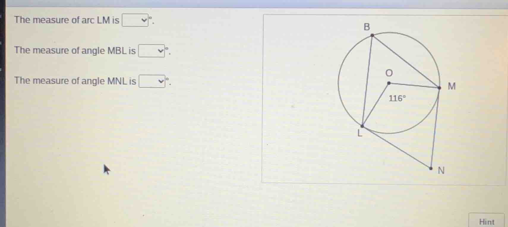 the measure of arc lm is \\boxed{}°. the measure of angle mbl is \\boxe…