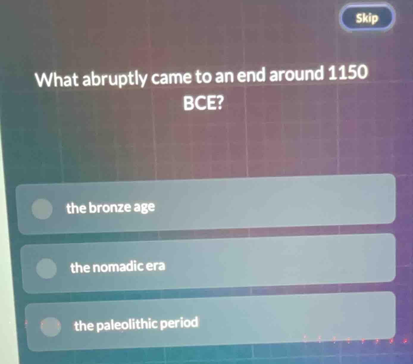 what abruptly came to an end around 1150 bce? the bronze age the nomadi…