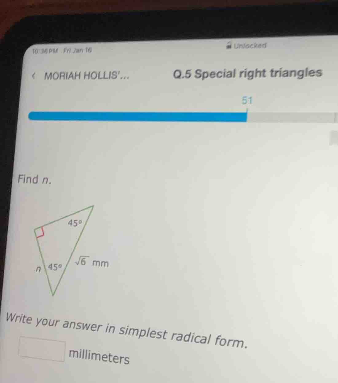 q.5 special right triangles find n. right triangle with a right angle, …