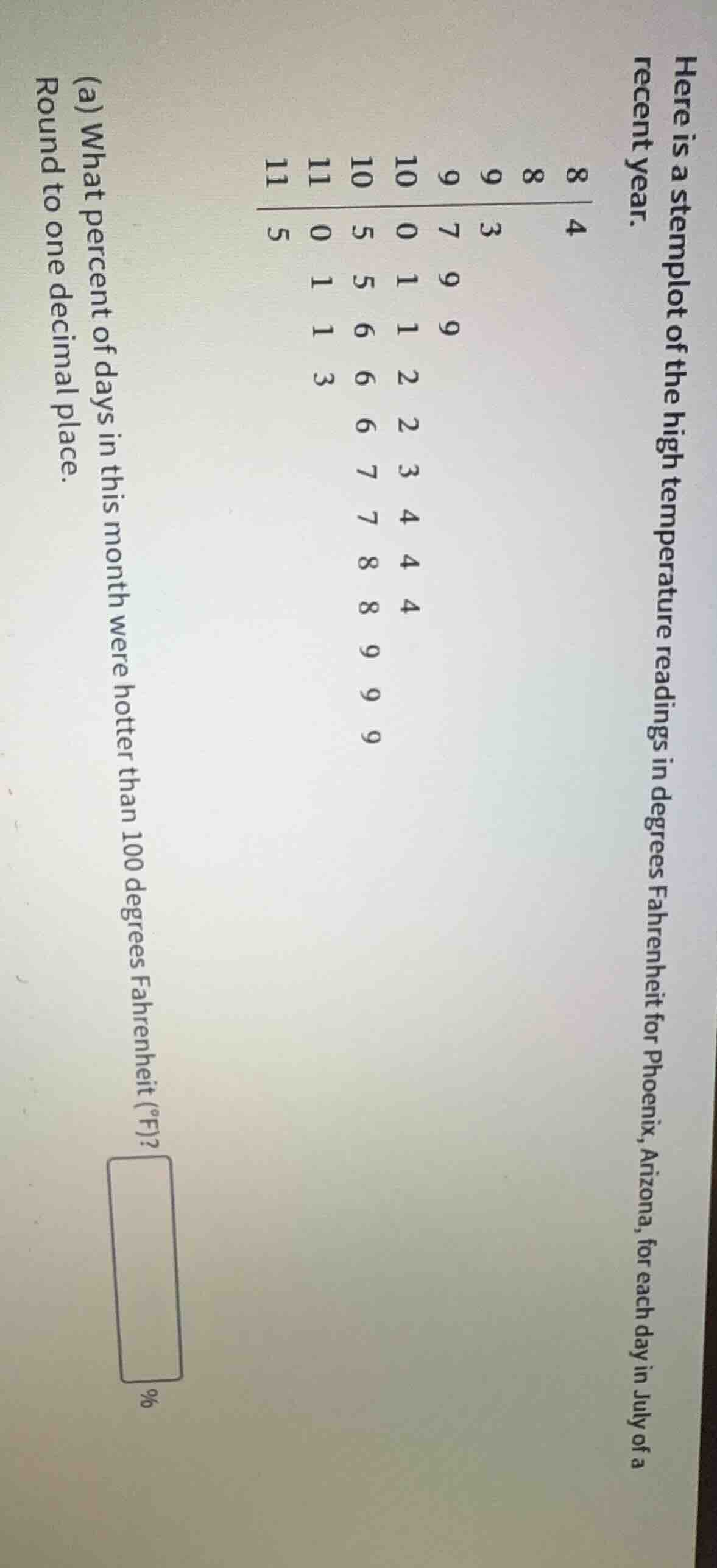 here is a stemplot of the high temperature readings in degrees fahrenhe…