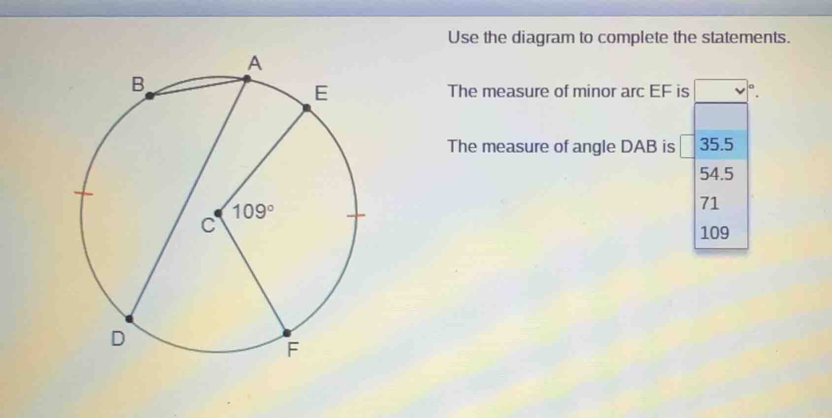 use the diagram to complete the statements. the measure of minor arc ef…