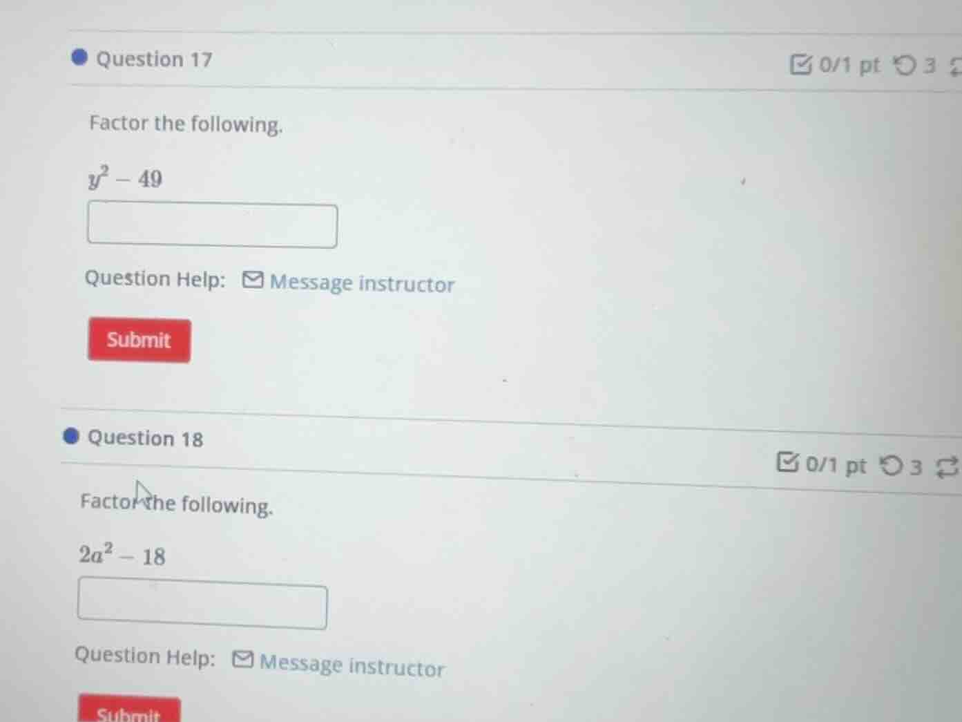 question 17 factor the following. $y^2 - 49$ question help: message ins…