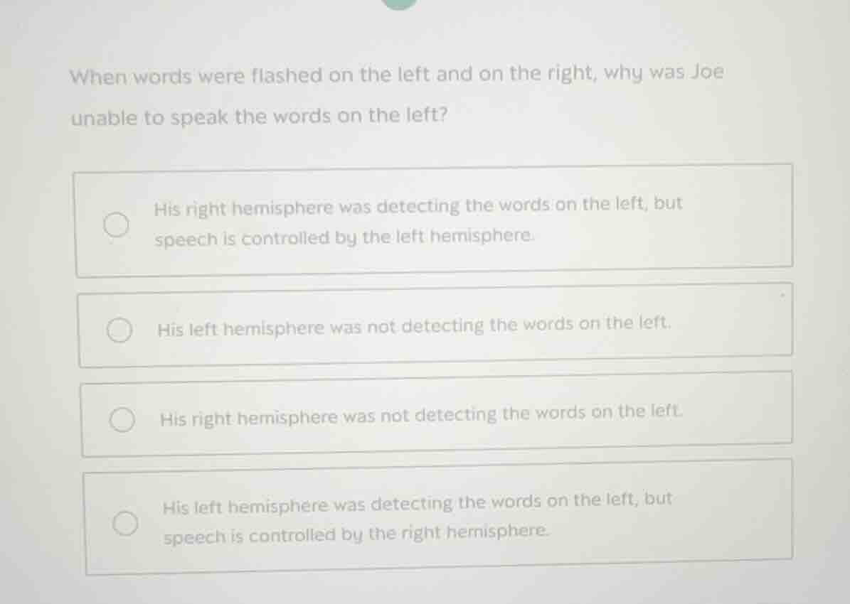 when words were flashed on the left and on the right, why was joe unabl…