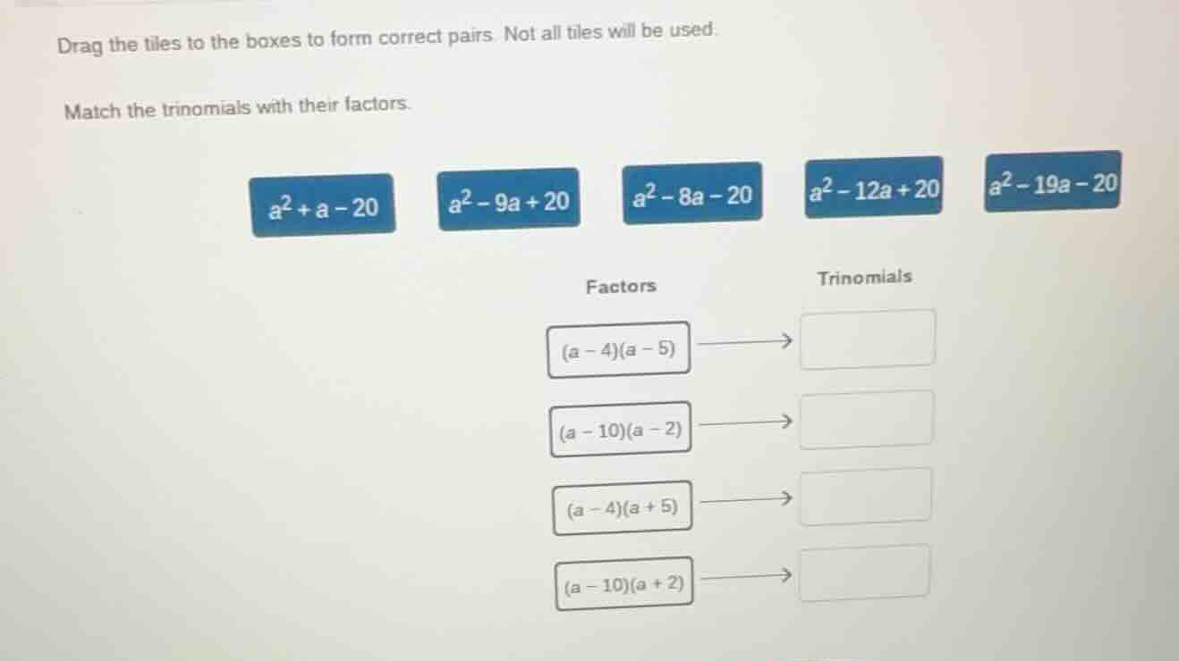 drag the tiles to the boxes to form correct pairs. not all tiles will b…