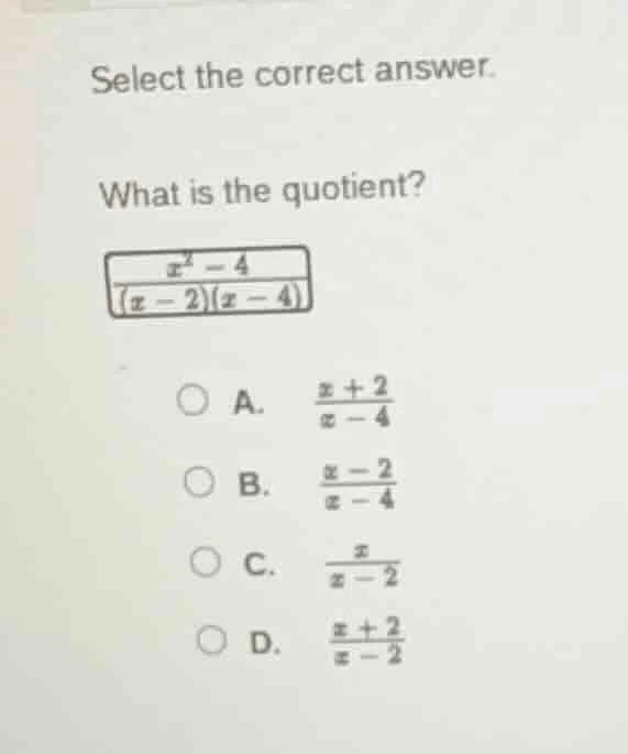 select the correct answer. what is the quotient? \\boxed{\\dfrac{x^2 - …