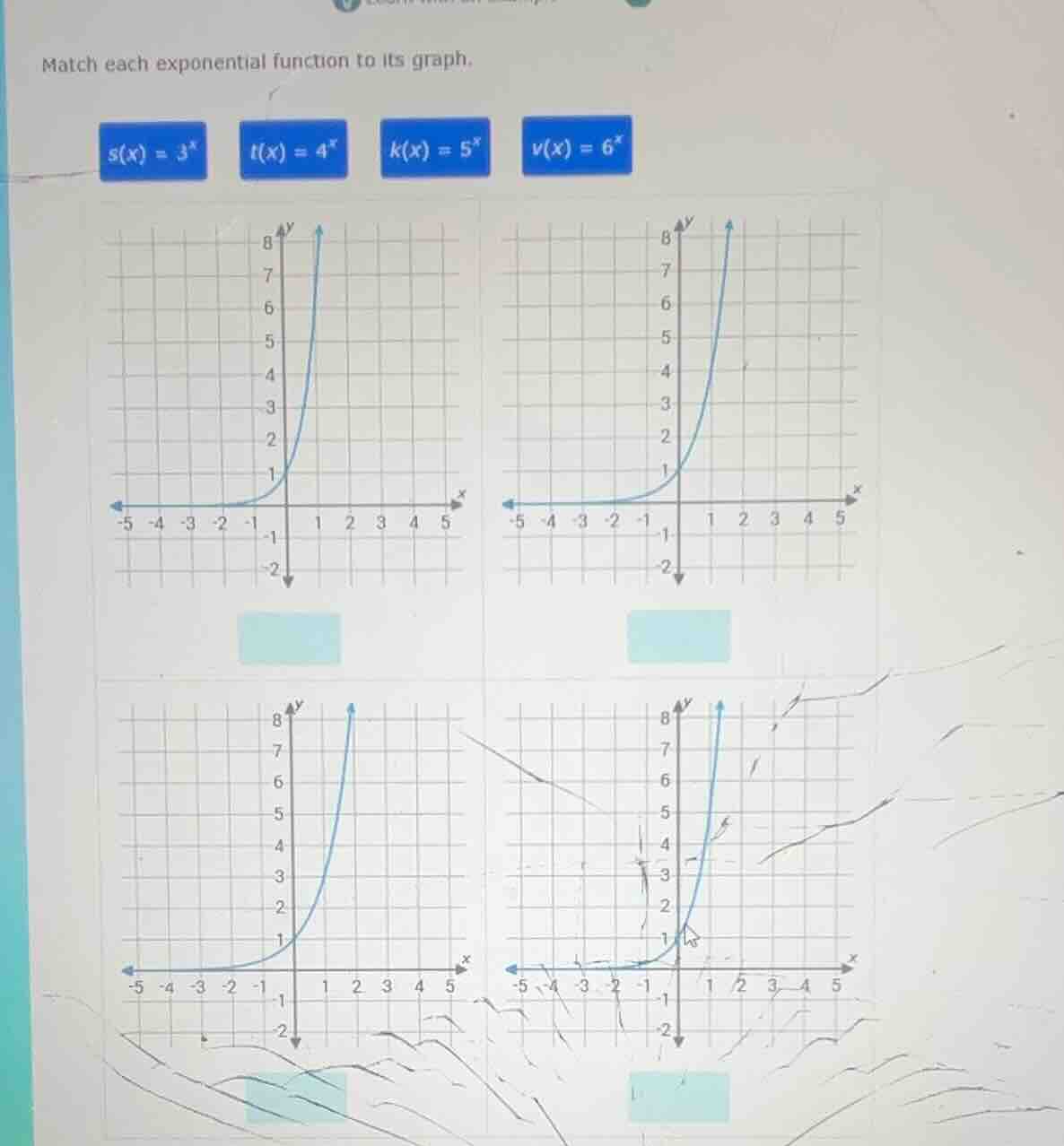 match each exponential function to its graph. $s(x) = 3^x$ $t(x) = 4^x$…